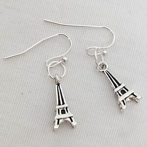 Dainty Eiffel Tower Dangle Earrings in Antiqued Silver